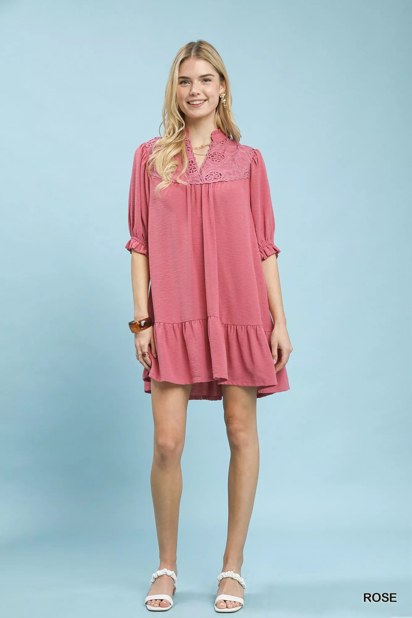 Lace Yoke Tiered Mini Dress Umgee