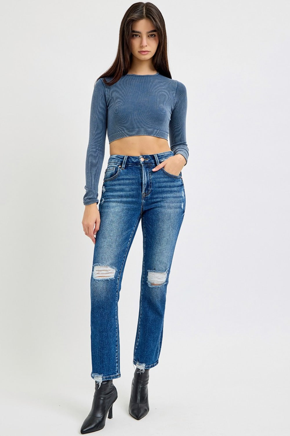 High Rise Distressed Crop Straight Jeans Risen   