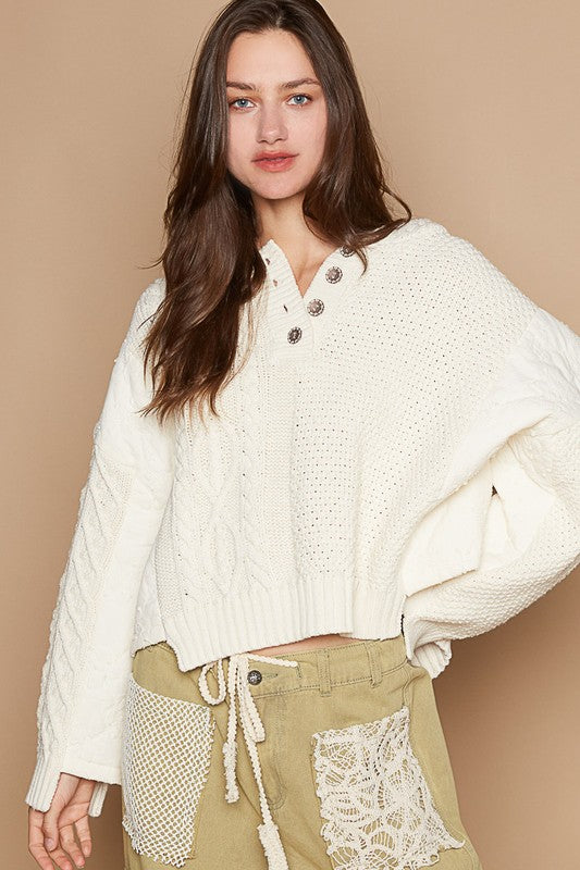 Cable-Knit Quarter Button Hooded Sweater POL Beige S