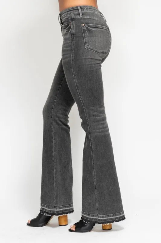 Mid Rise Tummy Control Washed Gray Release Hem Flare Jeans Judy Blue