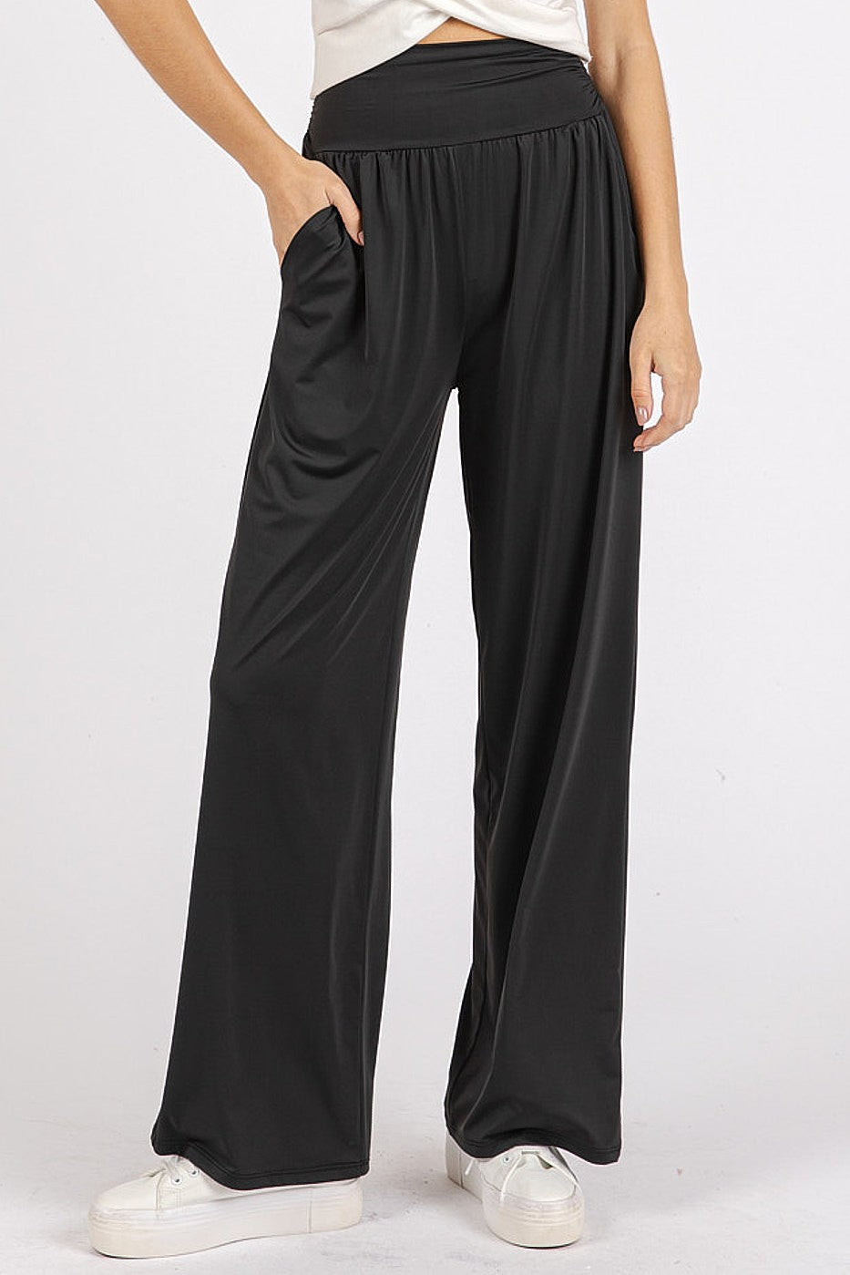 Stretch Banded Waist Wide Leg Pants with Pockets Mittoshop Black S 