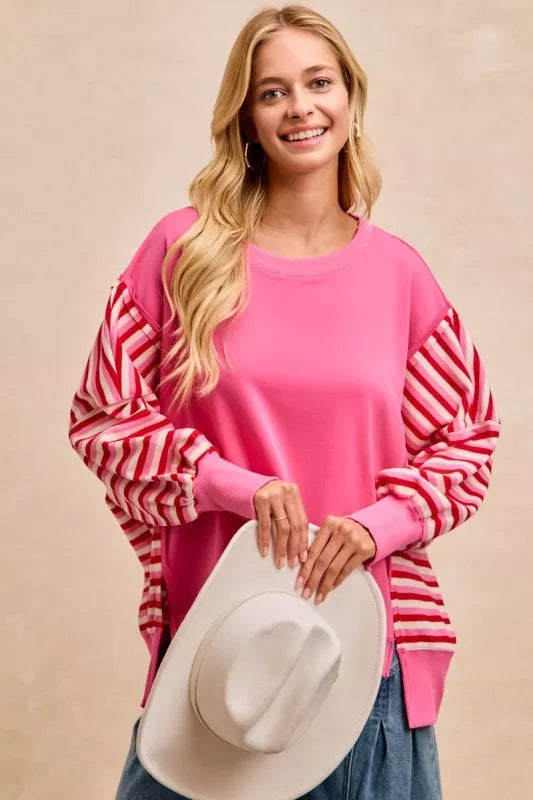 French Terry Stripe Combo Sweatshirt with Open Seam BiBi