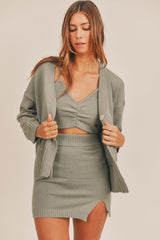 3 Piece Sweater Set with Crop Cami, Mini Skirt, Cardigan Mable Dusty Olive S 