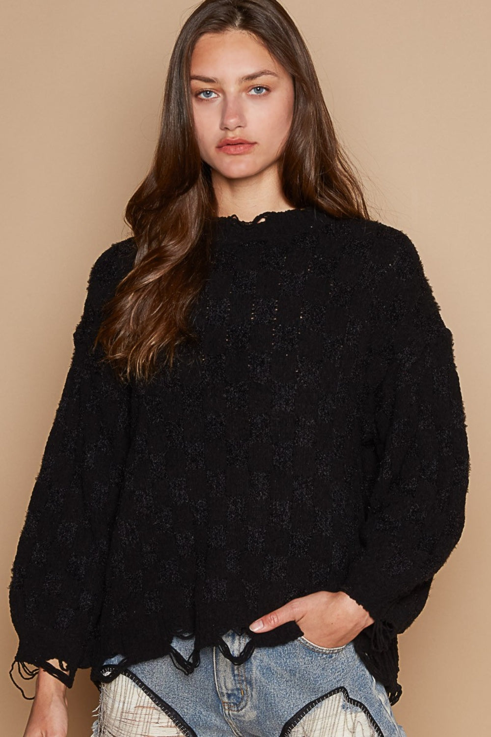 Cable Knit Cutout Long Sleeve Sweater POL Black S 