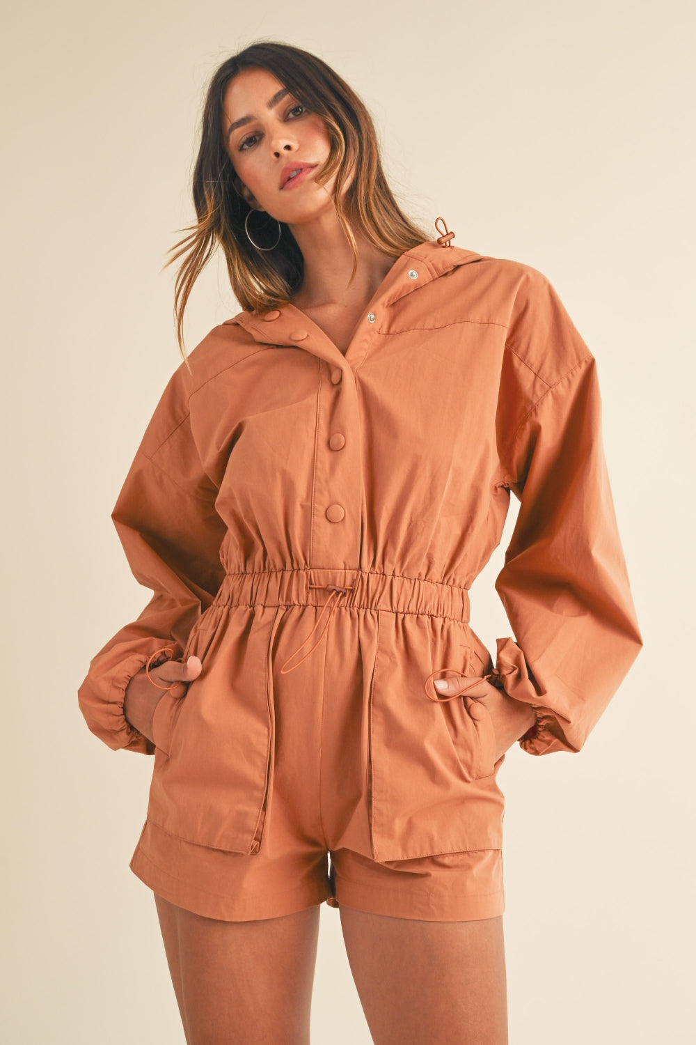 Snap Down Long Sleeve Hooded Romper Mable Tan S 