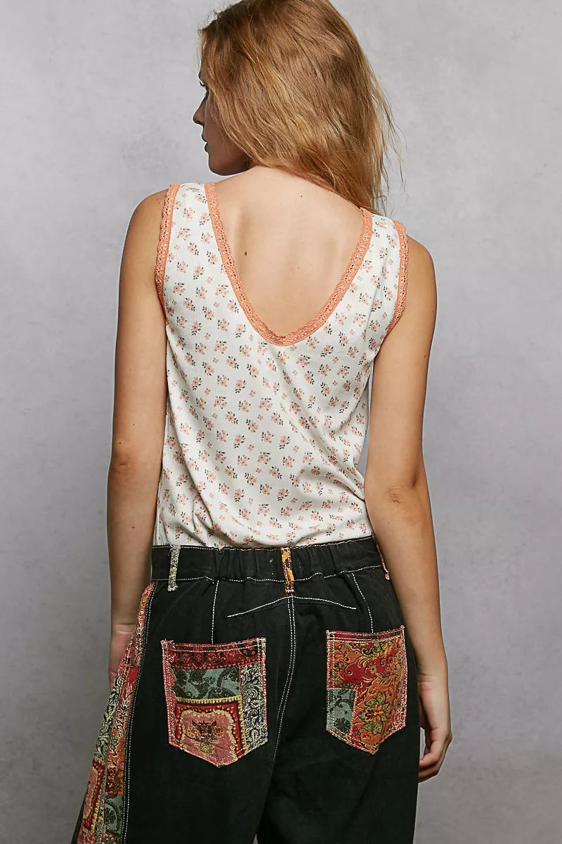 Ruched Floral V-Neck Tank with Lace Detail POL