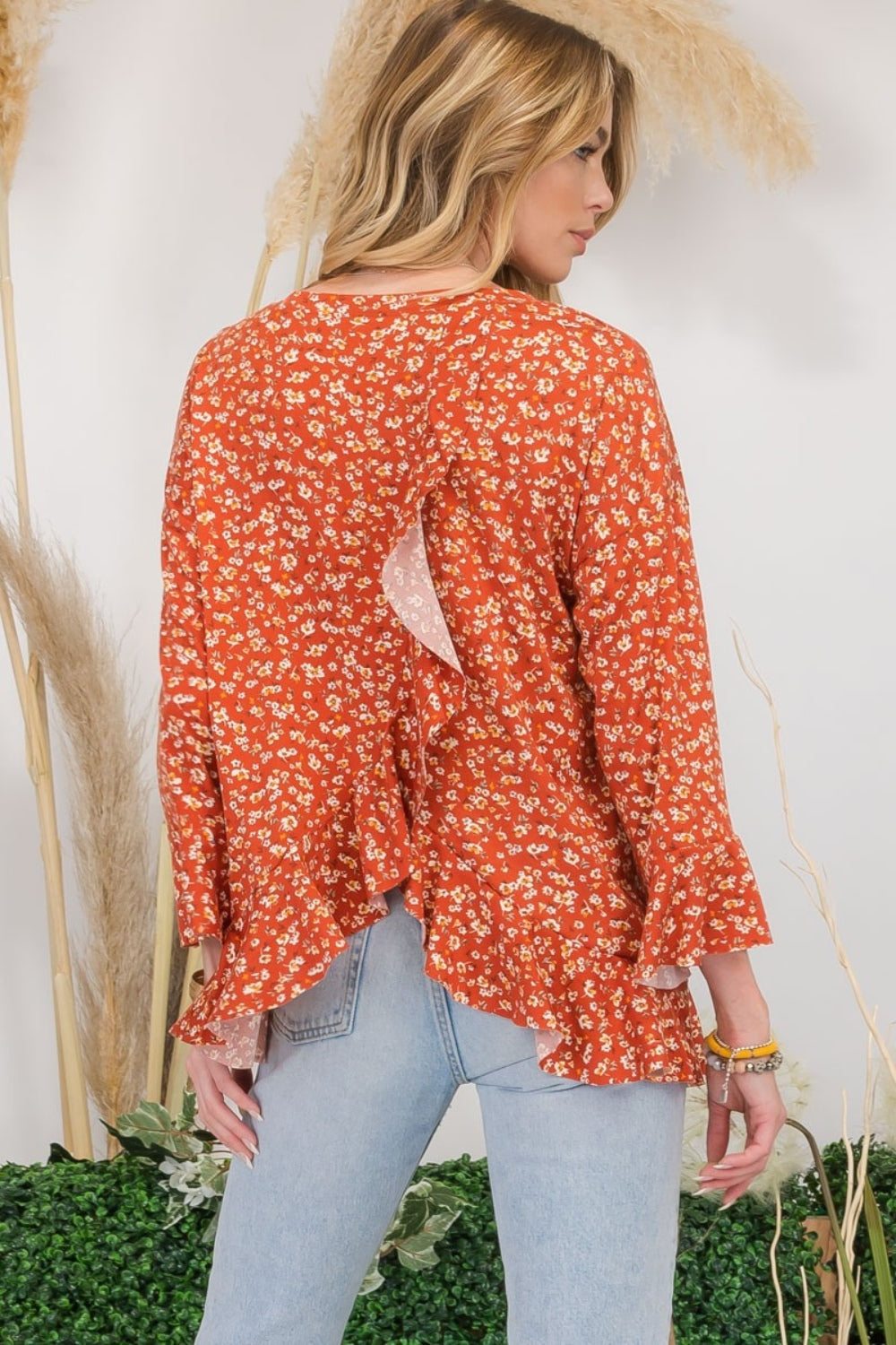 Bell Sleeve Floral Ruffle Detail Top Celeste   