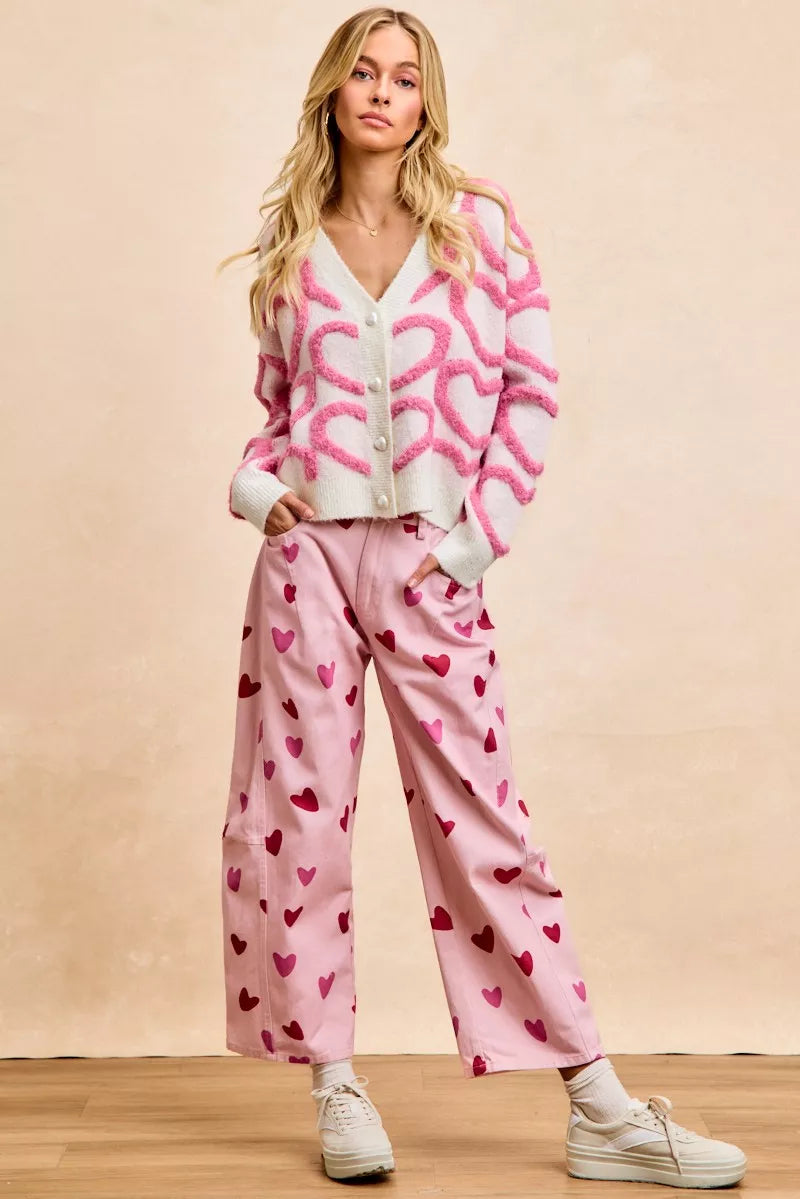 Textured Heart Buttoned V Neck Cardigan BiBi