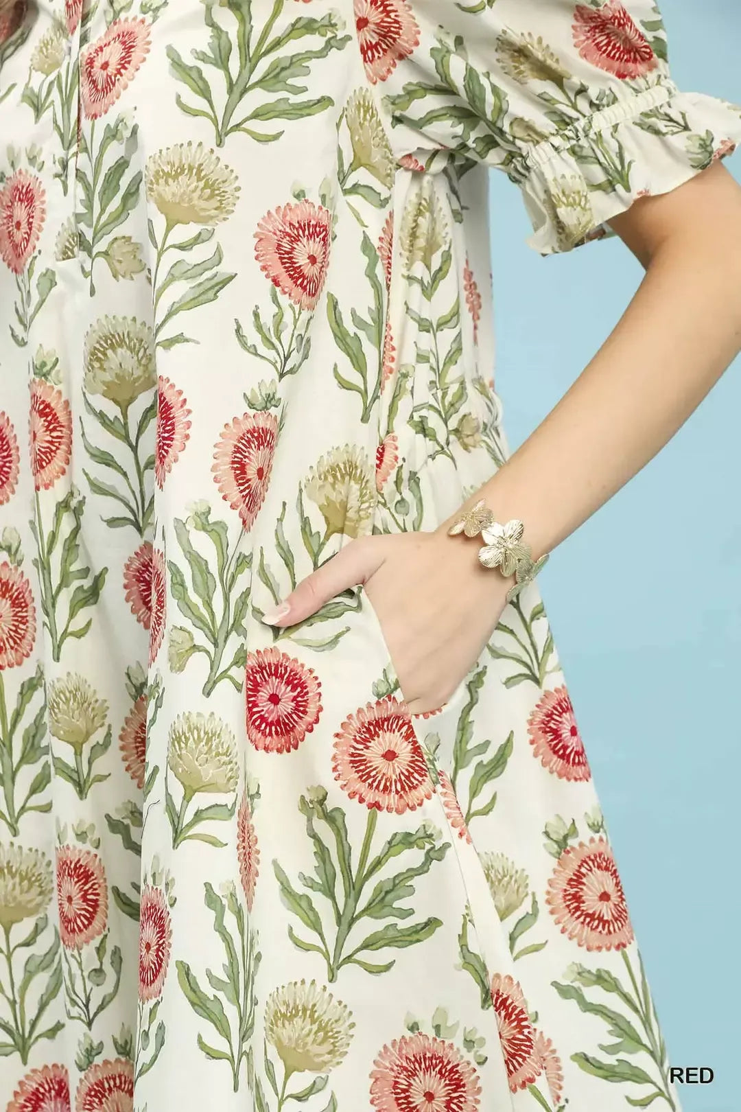 Floral Puff Sleeve Babydoll Dress with Side Pockets Umgee