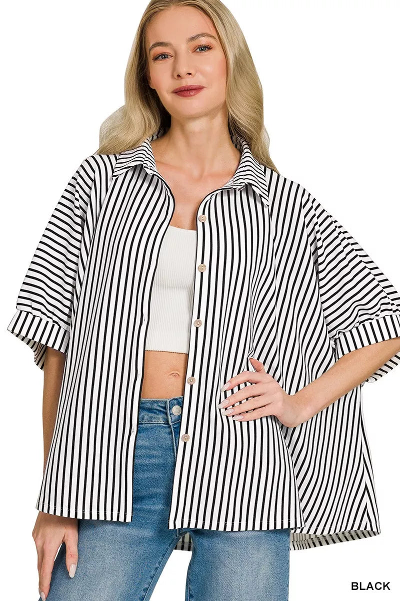 Oversized Stripe Button Down Shirt ZENANA BLACK S/M