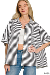 Oversized Stripe Button Down Shirt ZENANA BLACK S/M