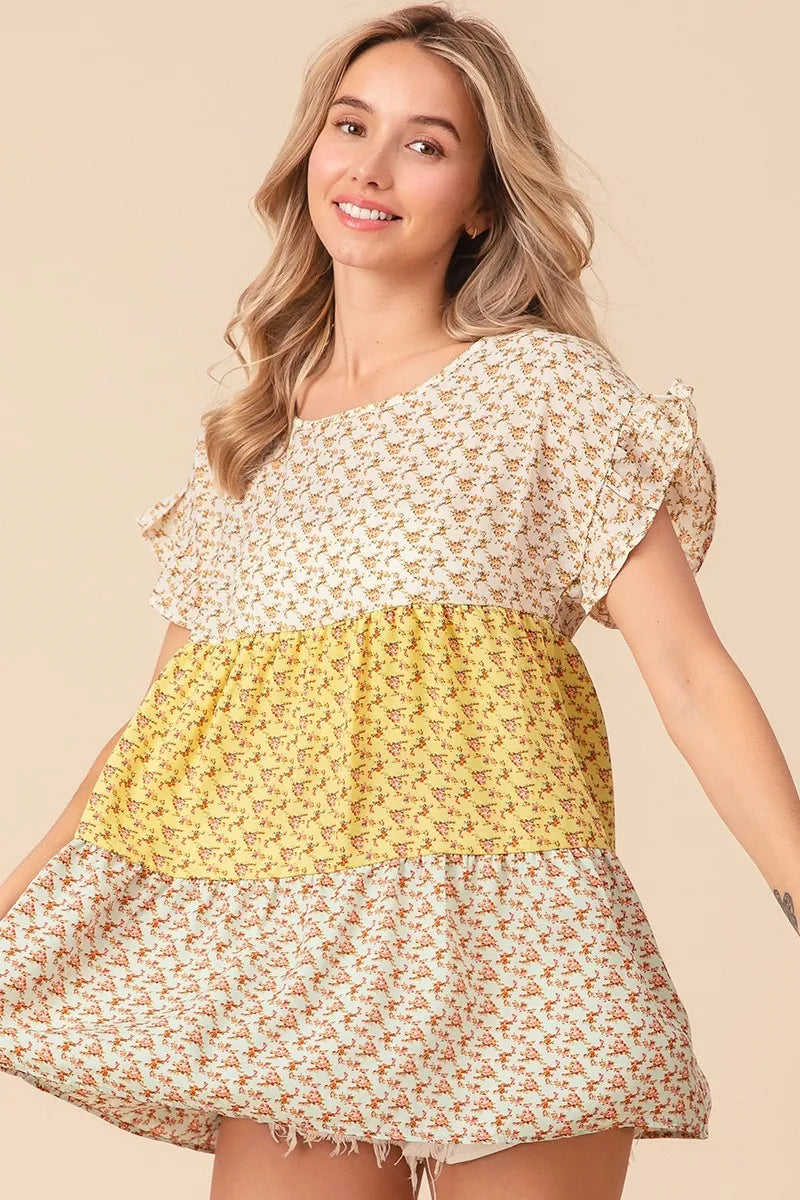 Floral Printed Woven Color Block and Tiered Top BiBi