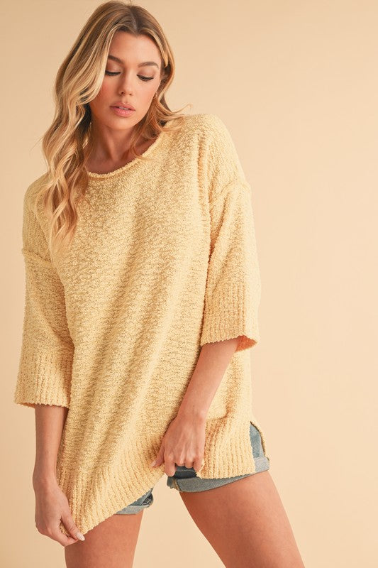 Side Slit Ribbed Hem Round Neck Sweater Aemi + Co Pastel Yellow S