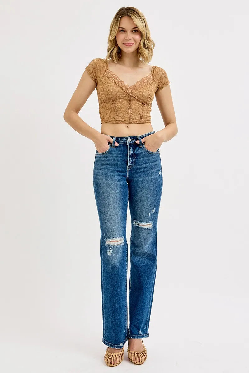 Tummy Control High Rise Straight Distressed Jeans With Plus Size Risen
