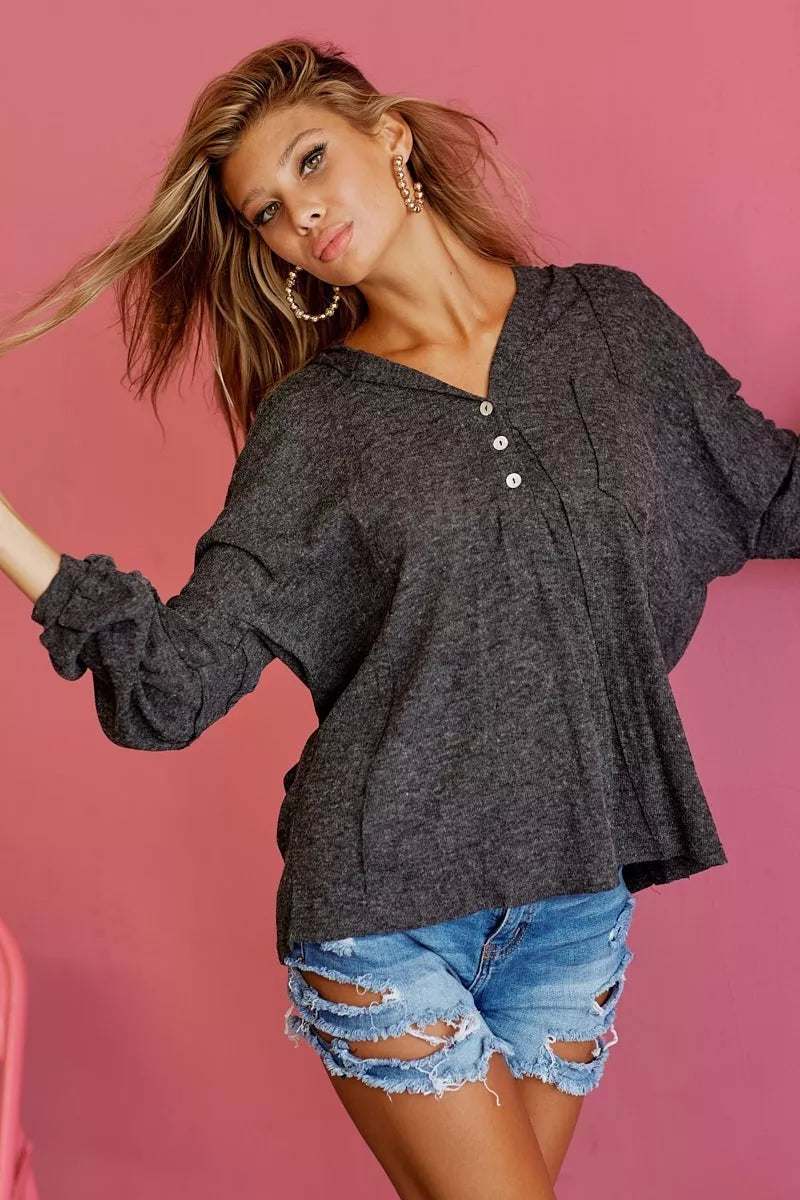 BiBi Textured Knit Hoodie with Buttoned Placket Trendsi