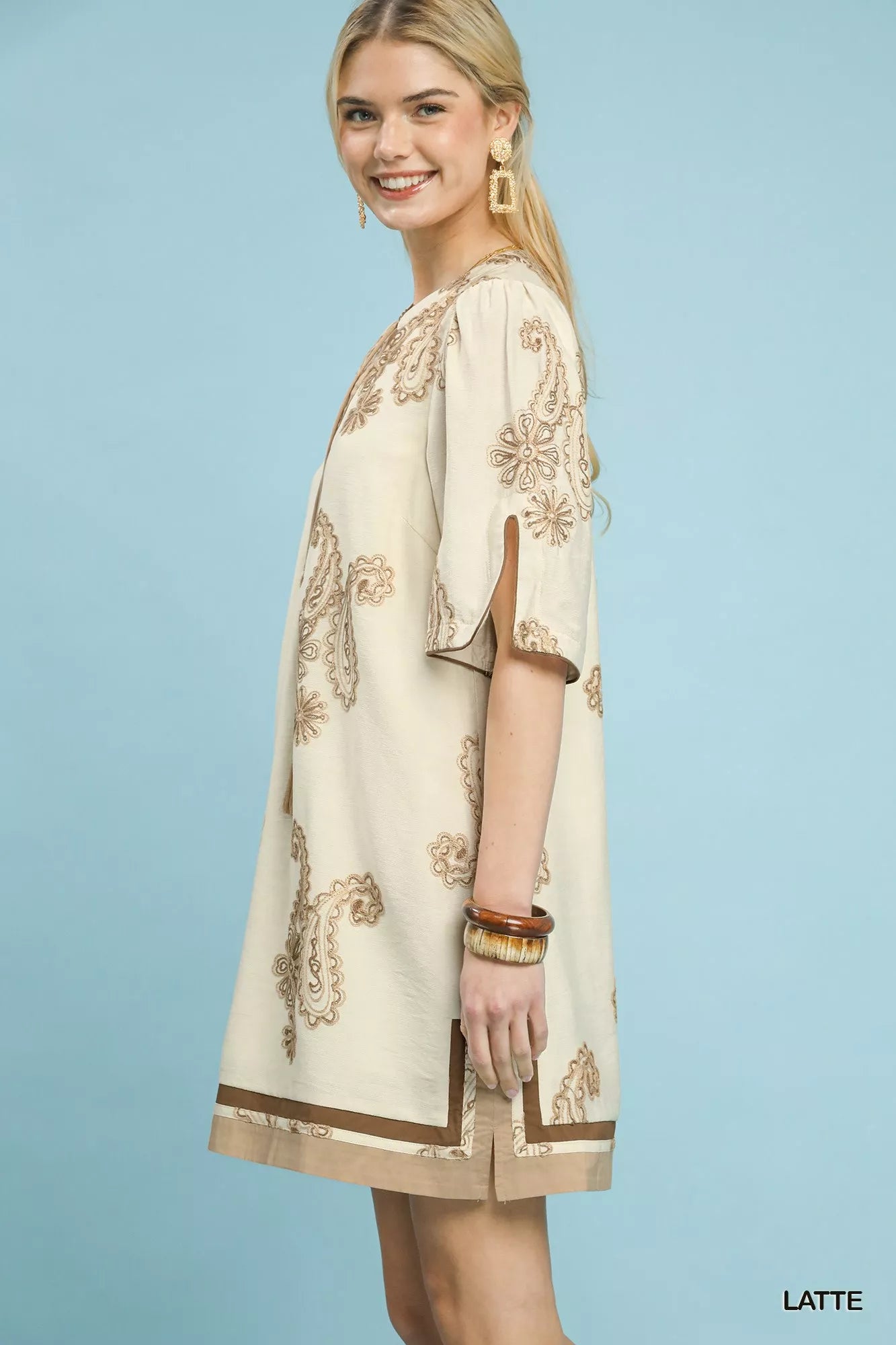 Embroidered Split Neck Shift Dress Umgee