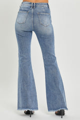 High Waist Raw Hem Flare Jeans Risen   