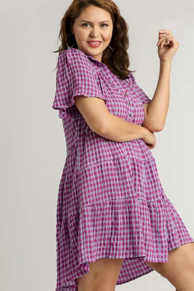 Gingham Tiered Button Detail Short Sleeve Dress Umgee