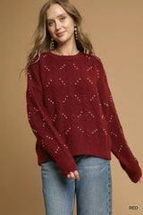 Pearl-Embellished Long Sleeve Sweater Umgee Red S