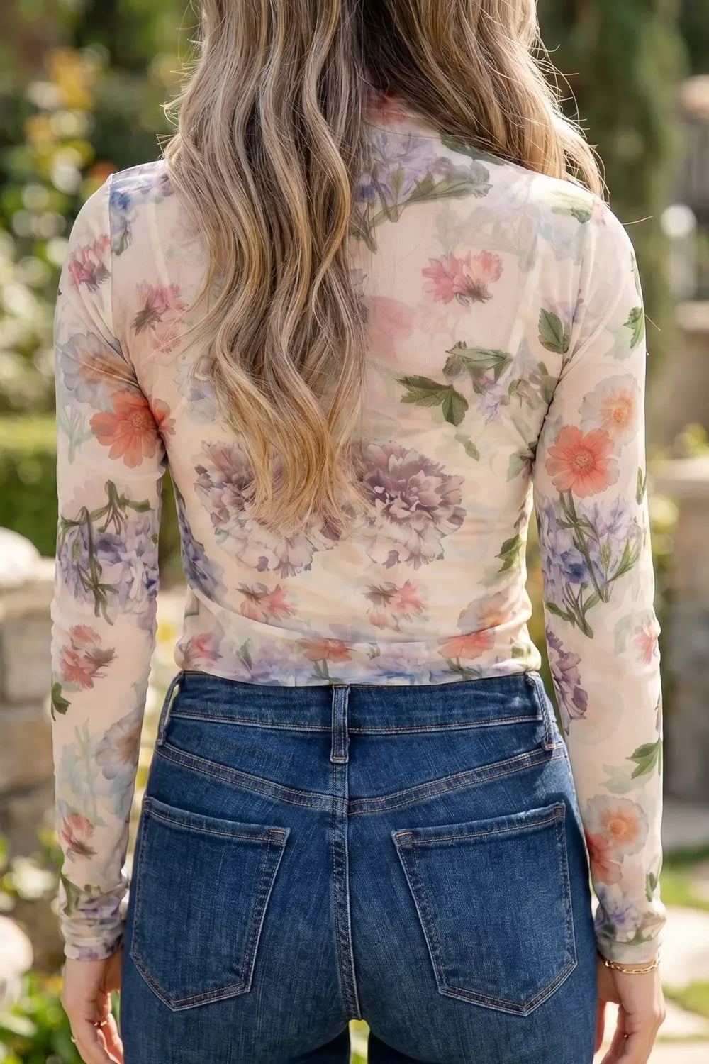 Floral Mesh Long Sleeve Thumbhole Hem Top Simmer & Fay