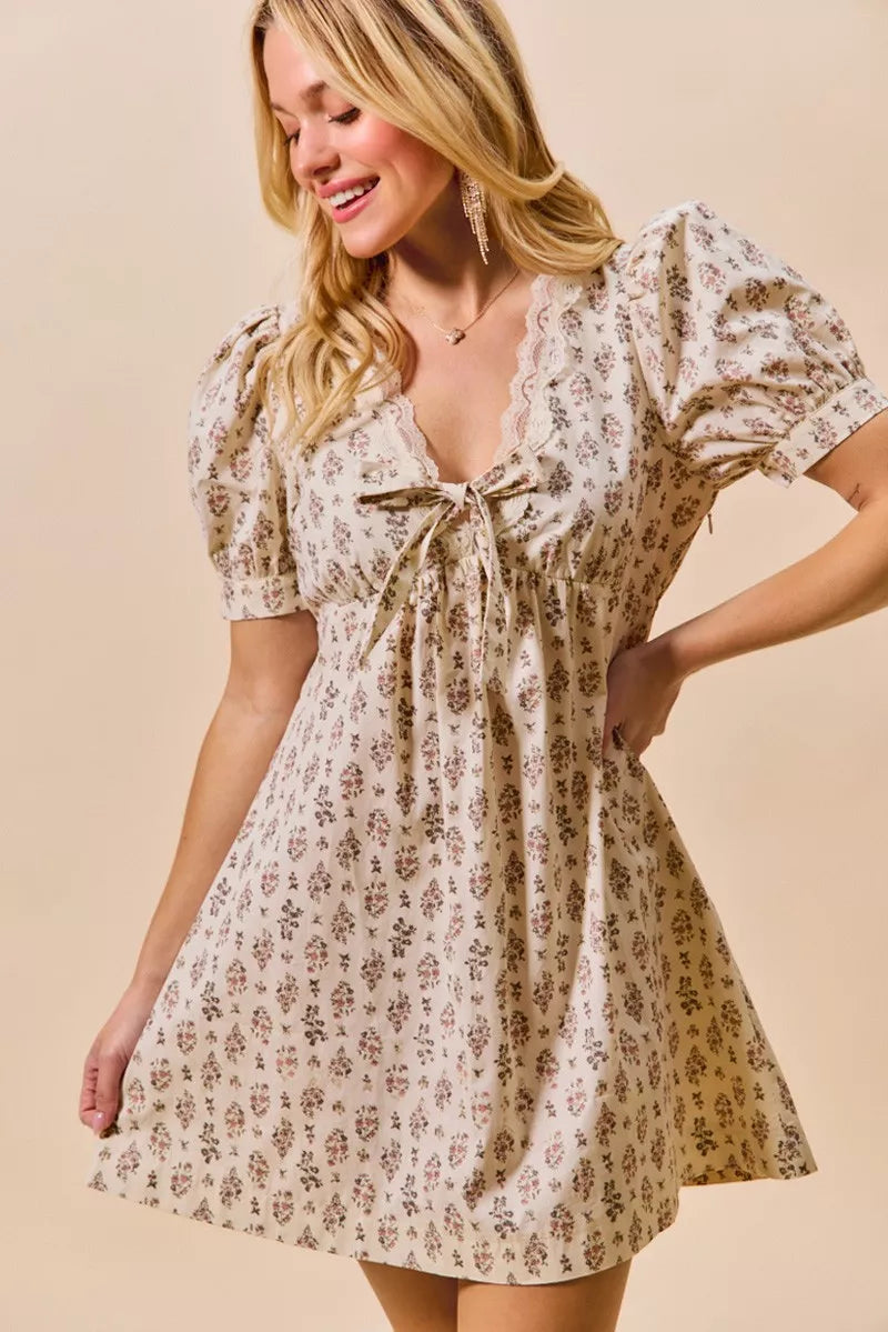 Floral Print Lace Trim Short Sleeves Mini Dress So Me