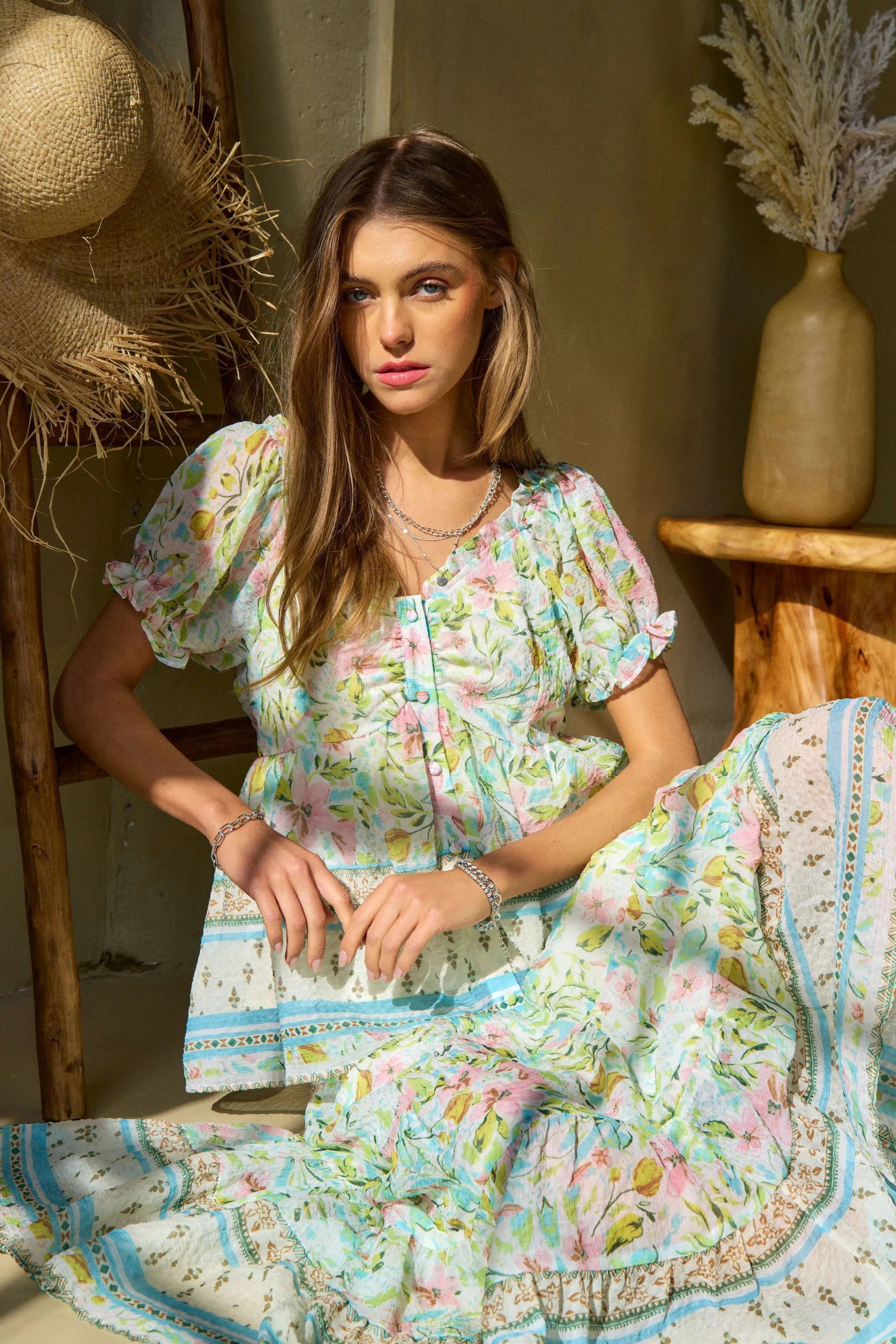 Spring Floral Print Elastic Ruffled Skirt Davi & Dani