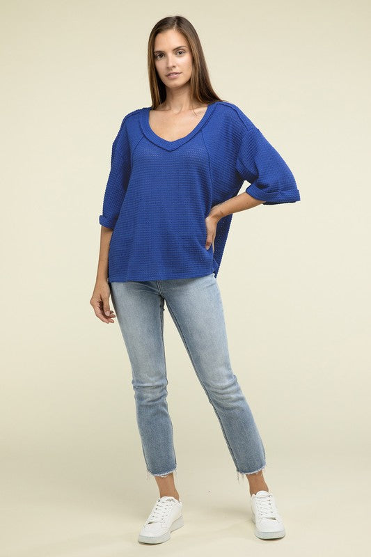 Brushed Waffle Relaxed 3/4 Sleeve Top ZENANA   