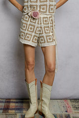 POL Elastic Waistband Crochet Shorts with Granny Square Weave Trendsi IVORY/MOCHA One Size