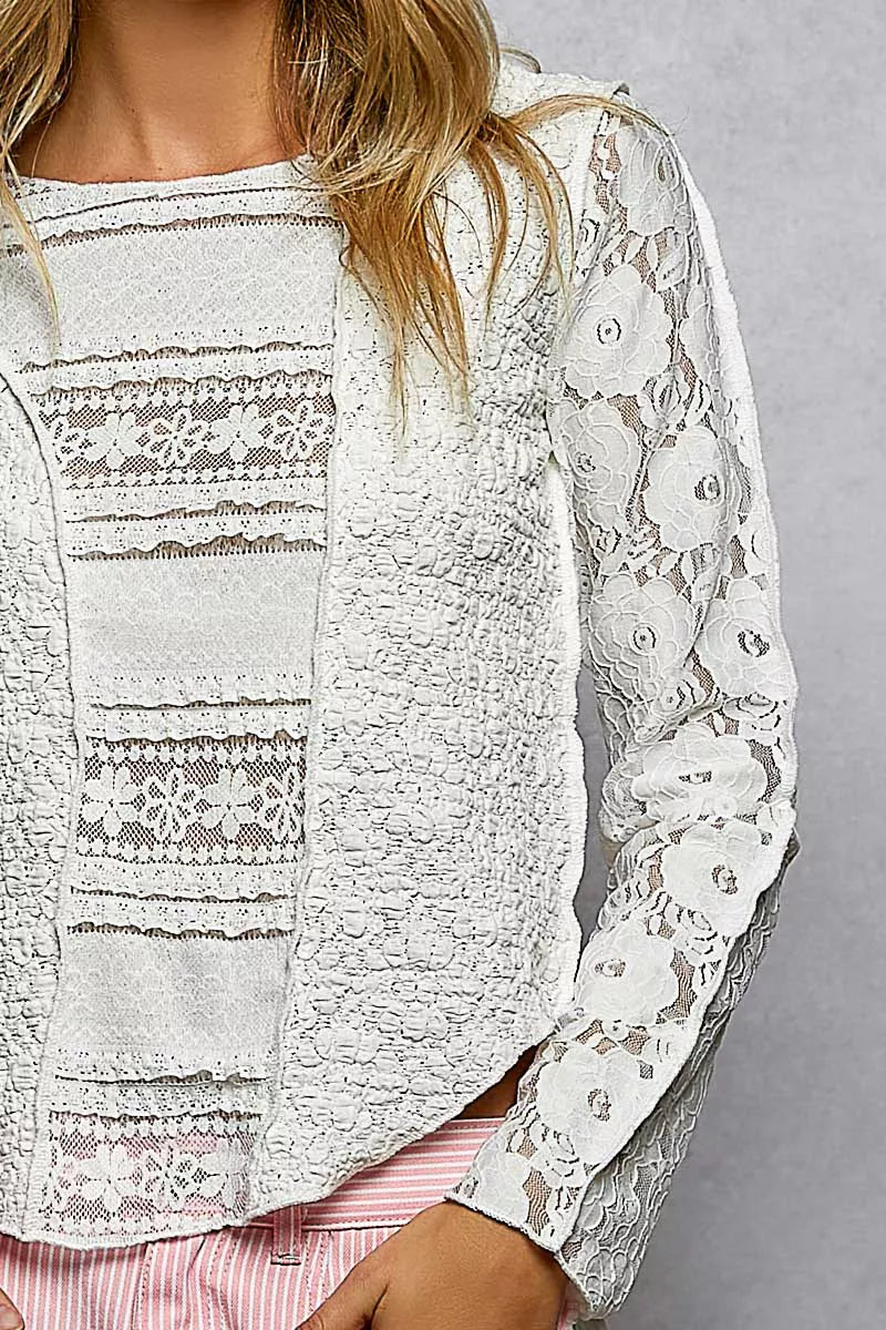 Round Neck Long Sleeve Exposed Seam Top with Lace Detail POL