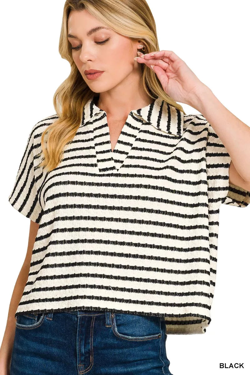 Striped Split Neck Collared Top ZENANA BLACK S