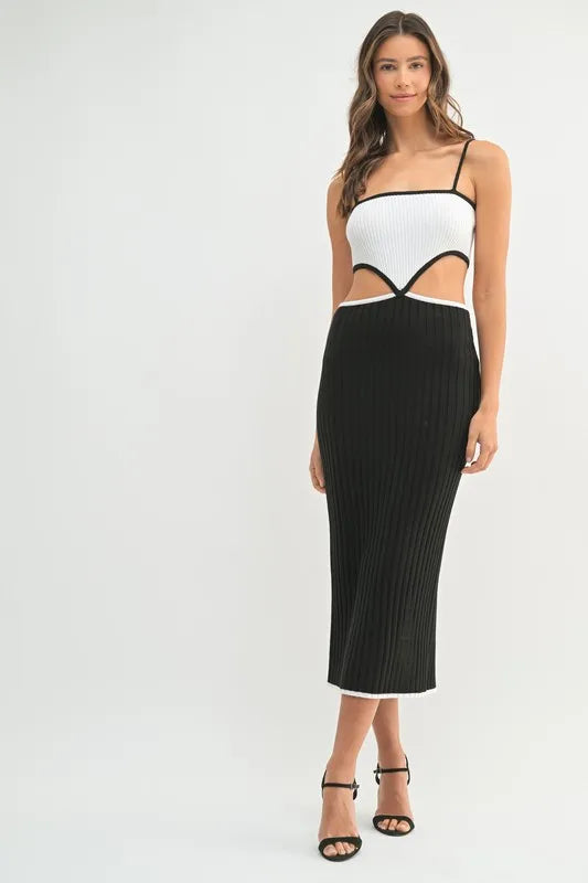 Ribbed Knit Color Block Cutout Midi Dress Mable