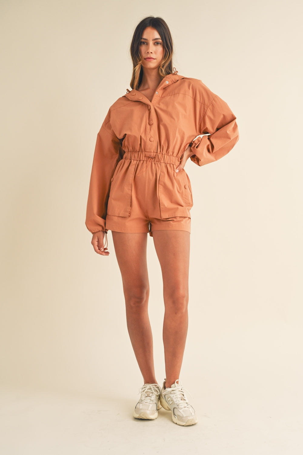 Snap Down Long Sleeve Hooded Romper Mable   