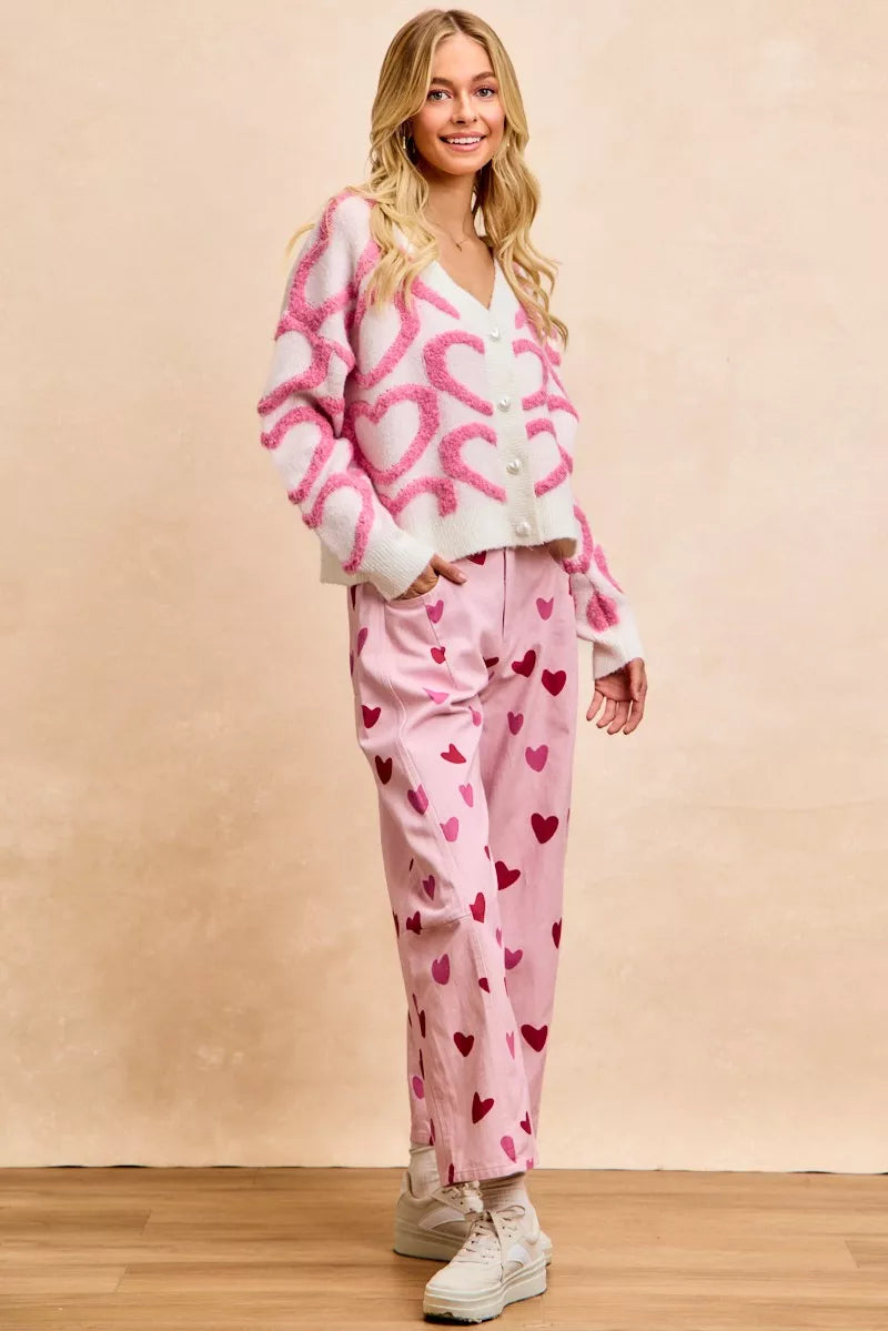Textured Heart Buttoned V Neck Cardigan BiBi
