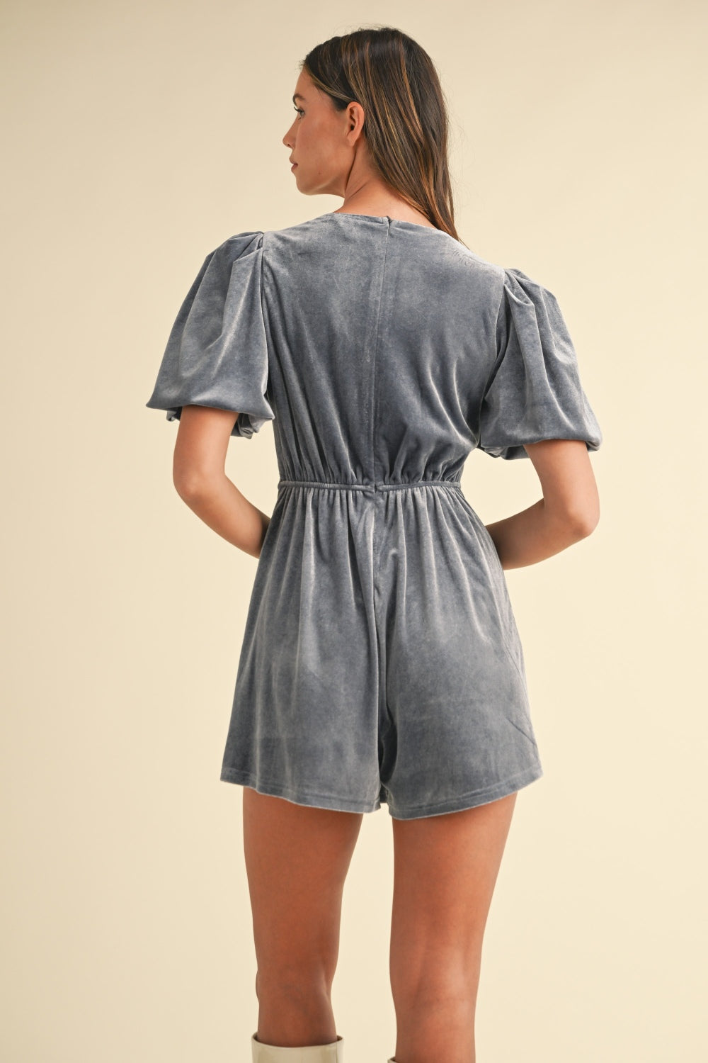 Jewel Bow Decor Puff Sleeve Velvet Romper Mable   