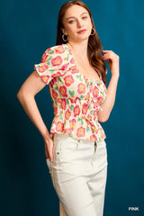 Floral Smocked Peplum Blouse Umgee