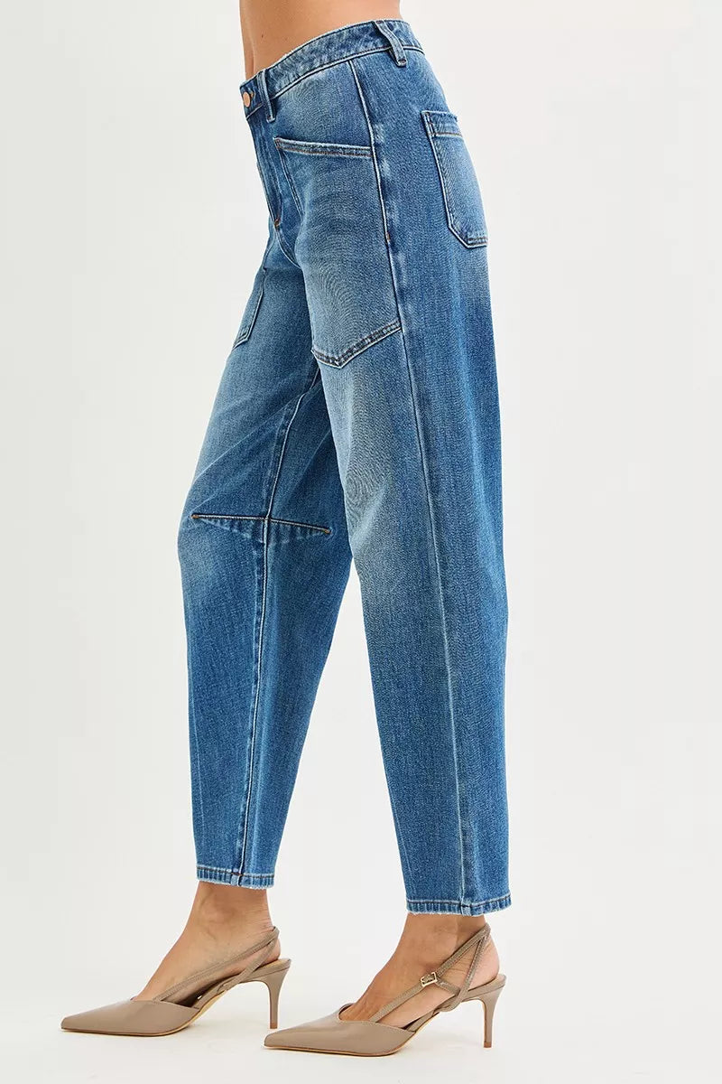 4 Way Stretch Mid Rise Barrel Jeans with Patch Pocket Detail Risen