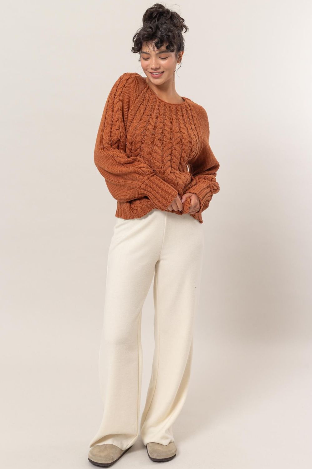 Cable-Knit Round Neck Raglan Sleeve Sweater HYFVE   