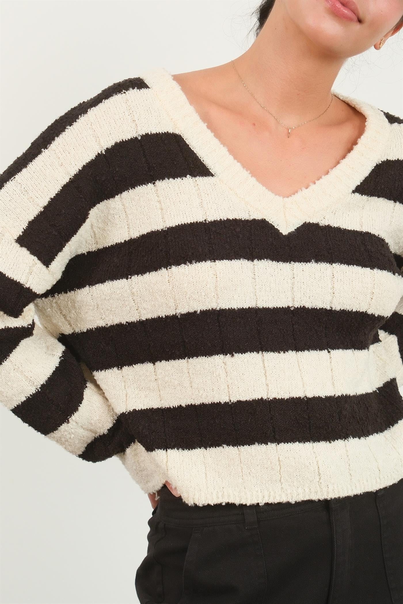 Contrast Striped Cropped V-Neck Sweater HYFVE   