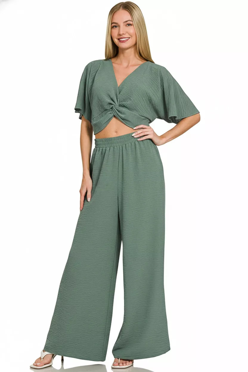 Woven Airflow Twisted Top & Wide Leg Pants Set ZENANA