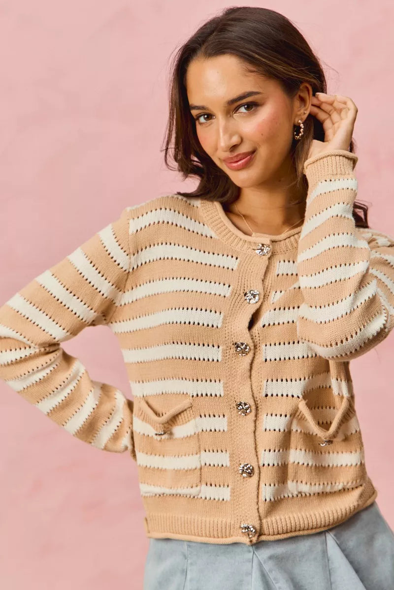 Stripe Long Sleeves Button Sweater Cardigan So Me