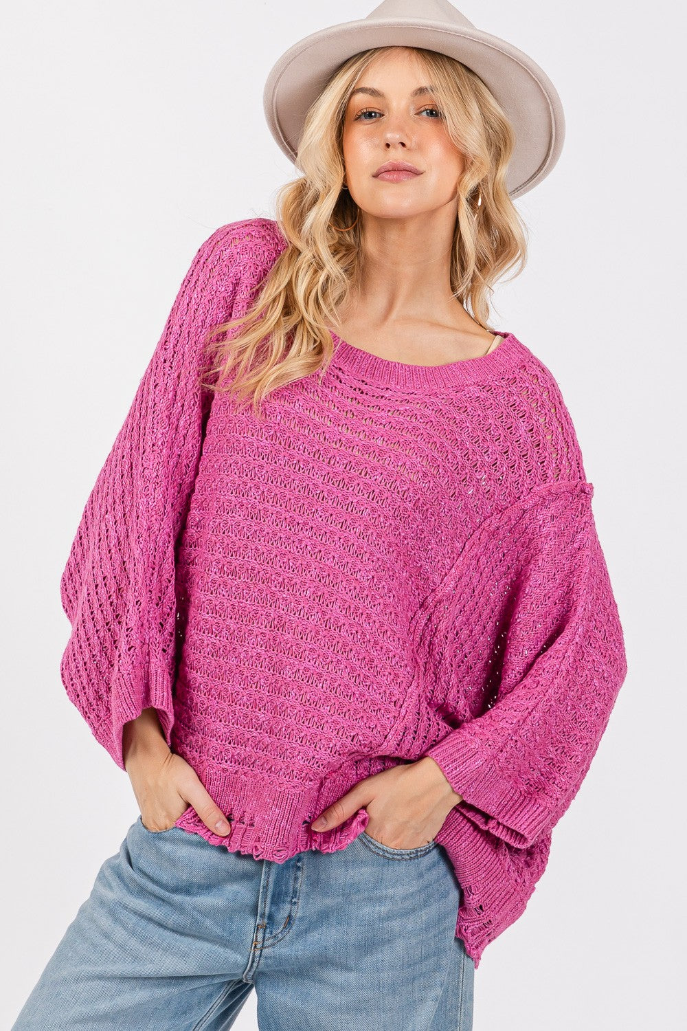 Distressed Asymmetrical Open Stitch Sweater Sage + Fig Magenta S 