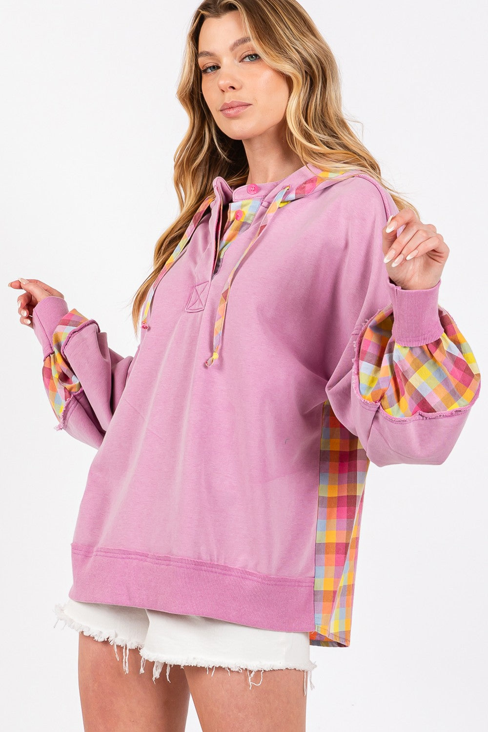 Mineral Wash Lilac Plaid Print Washed Hoodie Sage + Fig   