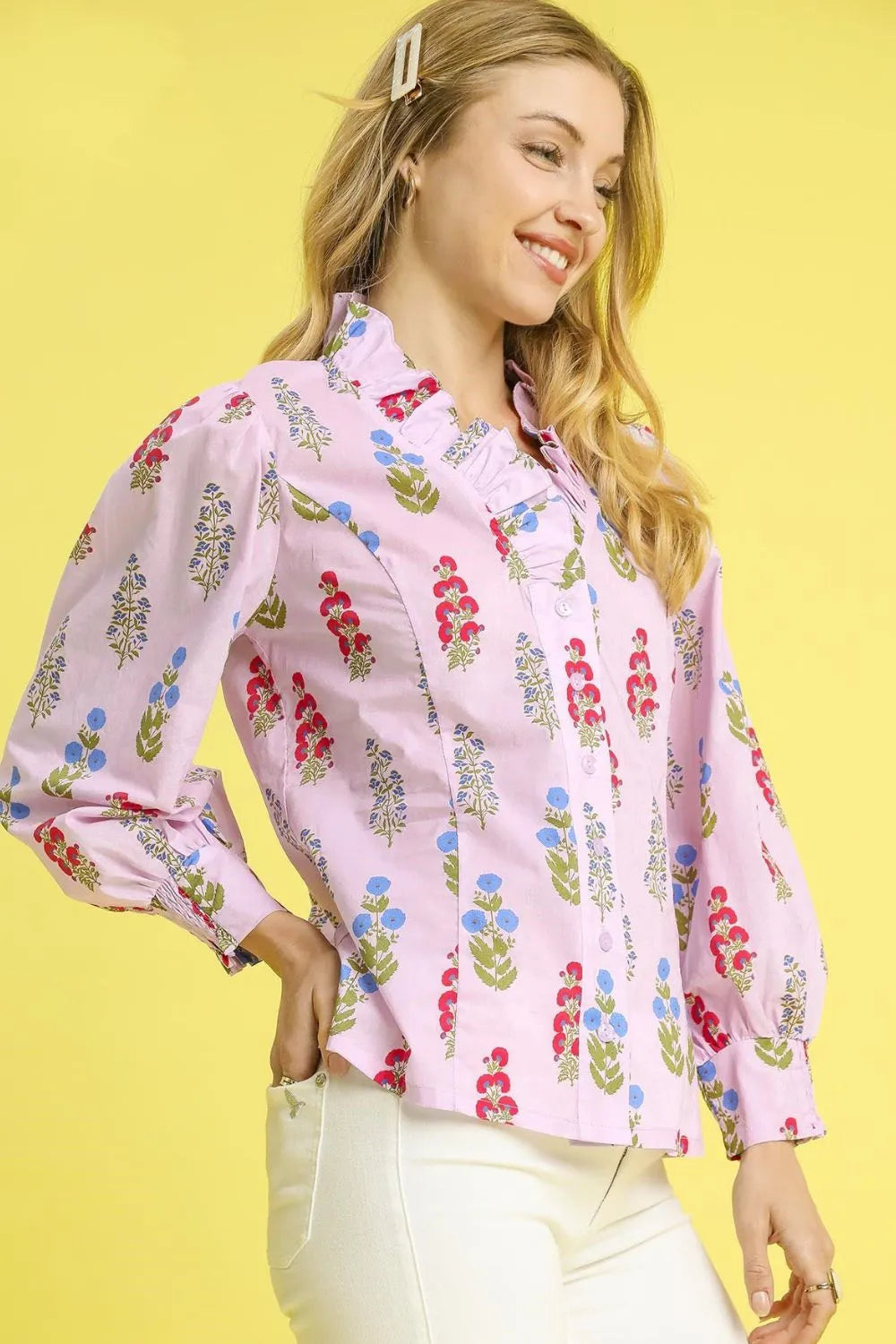 Floral Print Lantern Sleeve Button Down Shirt Umgee