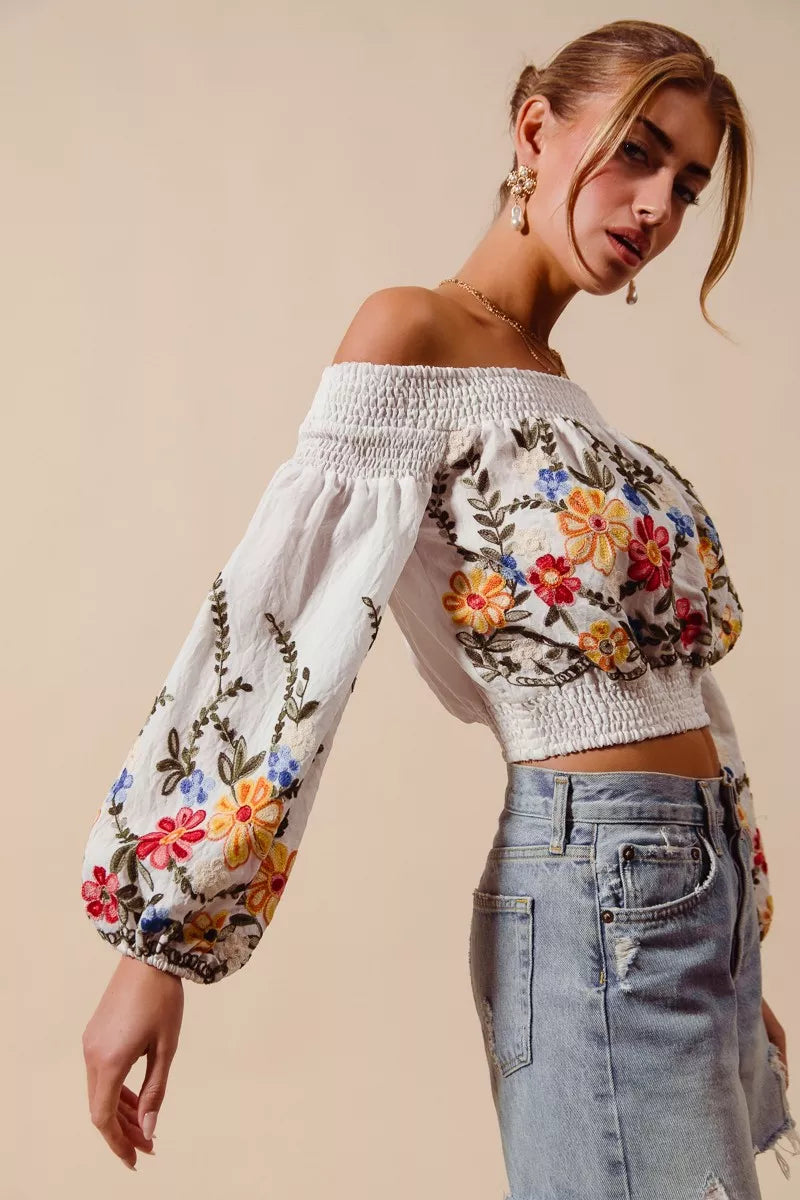 Floral Embroidered Off The Shoulder Crop Top So Me