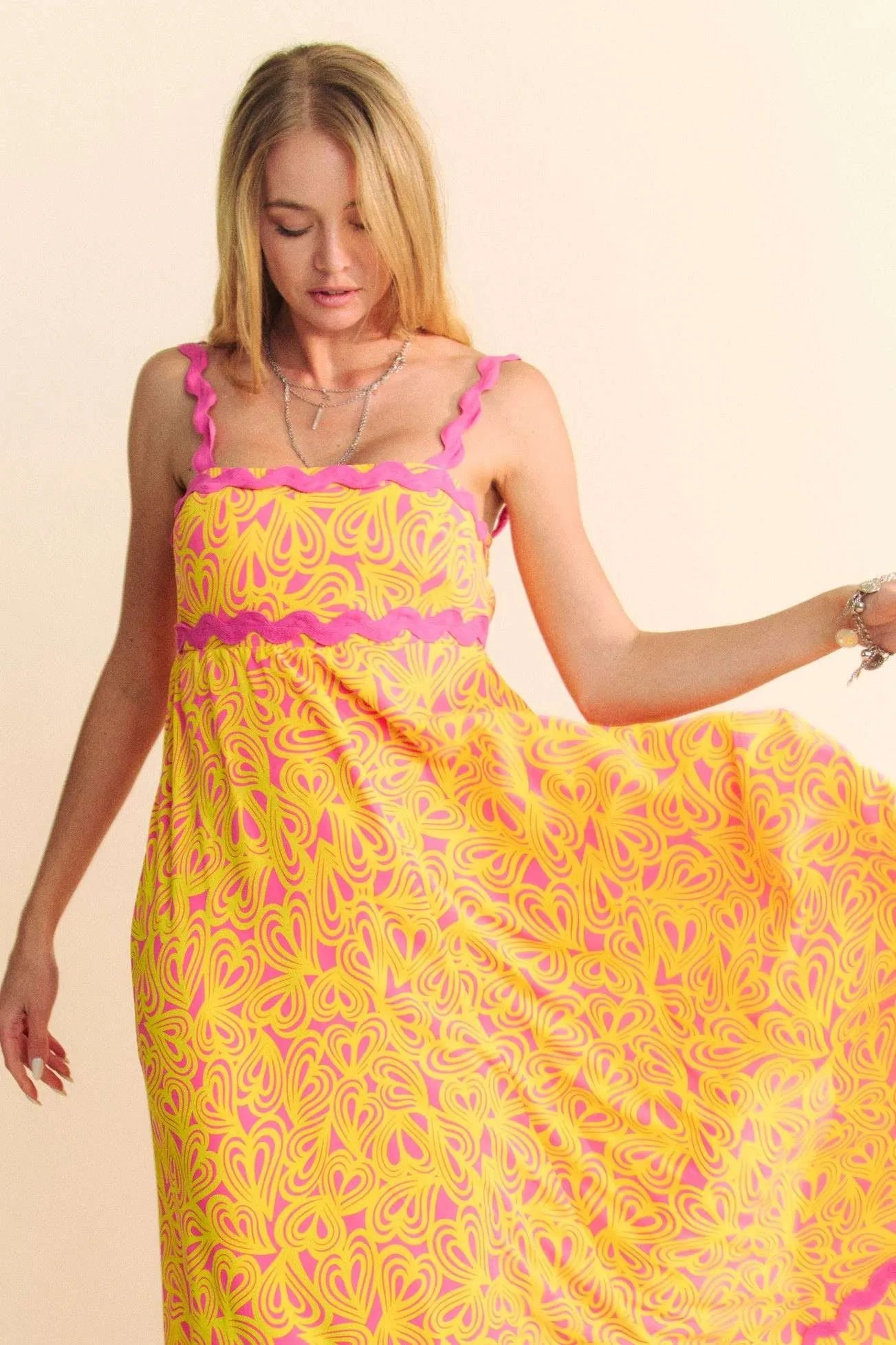 Geo 2 Tone Printed Wavi Trim Tiered Maxi Dress Davi & Dani
