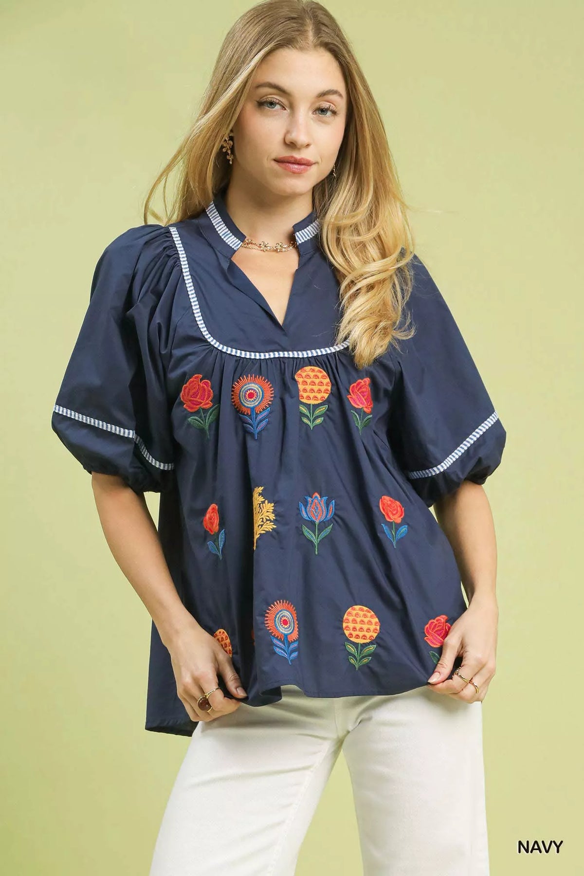 Embroidered Floral Puff Sleeve Top Umgee NAVY S