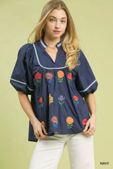 Embroidered Floral Puff Sleeve Top Umgee NAVY S
