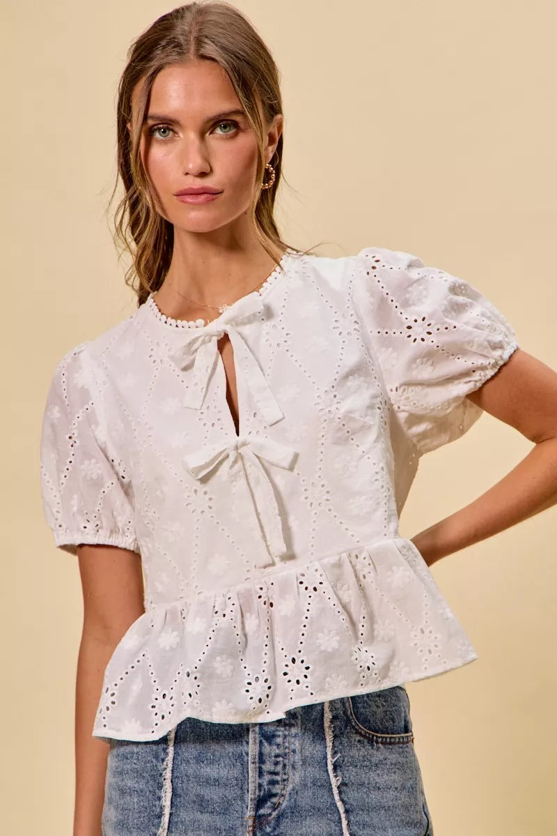 Cotton Eyelet Front Tie Short Sleeves Blouse So Me