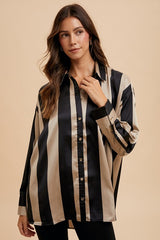 Striped Dropped Shoulder Button Up Shirt Annie Wear Black/Khaki S