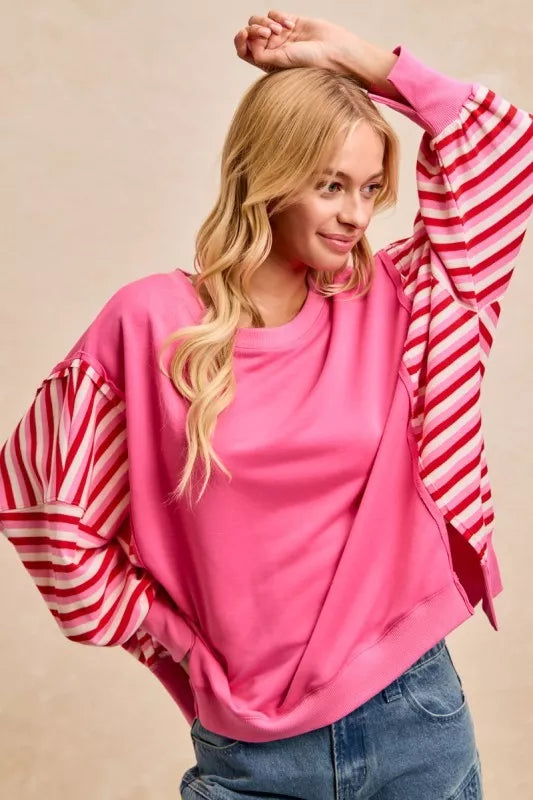 French Terry Stripe Combo Sweatshirt with Open Seam BiBi